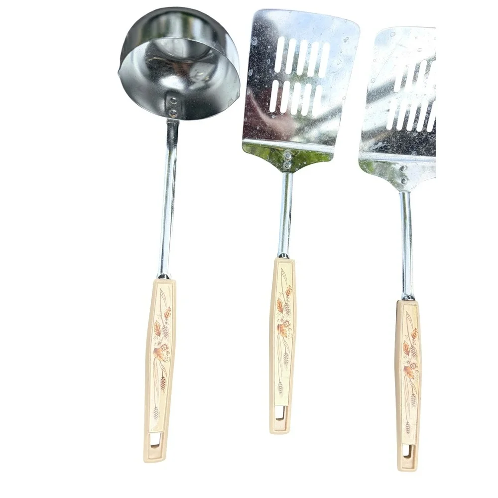 Vintage 4pc Kitchen EKCO Utensil Set Wheat Stainless Steel Ladle Spatula Spoon